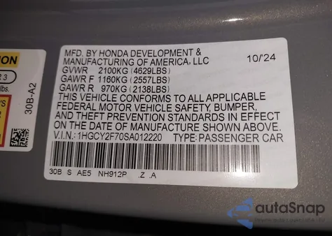 2025 Honda Accord Hybrid Sport-L из США, поврежденный, VIN 1HGCY2F70SA012220